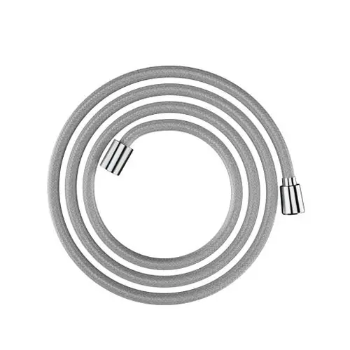 Textilbrauseschlauch mit spiralförmiger Wicklung in Grau und verchromten Enden. Produkt von Hansgrohe, geeignet für die Verbindung mit Duschsystemen.
